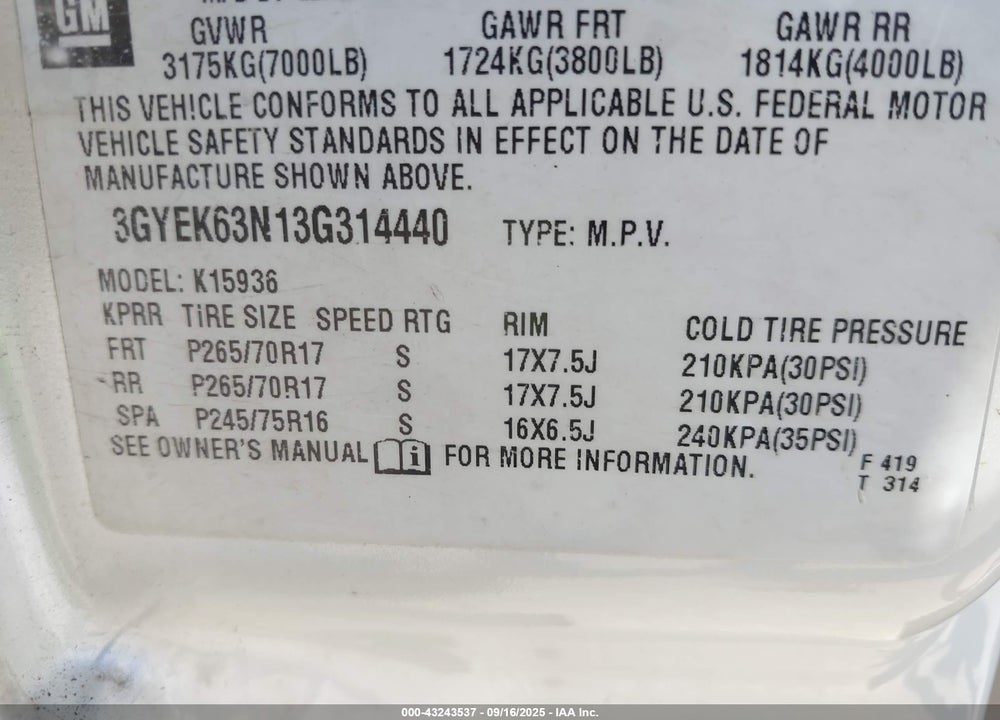 2003 CADILLAC ESCALADE EXT STANDARD VIN: 3GYEK63N13G314440