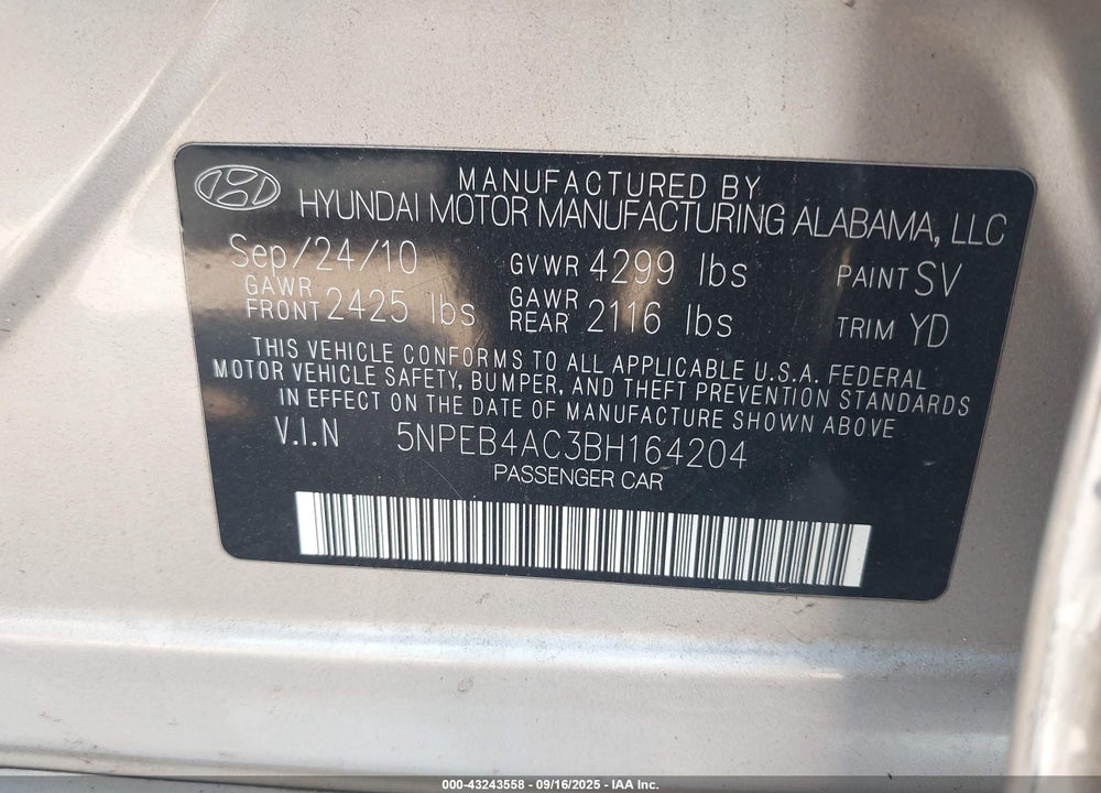 2011 HYUNDAI SONATA VIN: 5NPEB4AC3BH164204