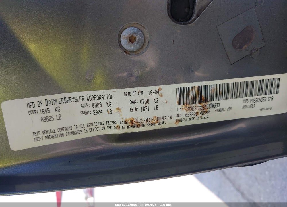 2005 DODGE NEON SXT VIN: 1B3ES56C65D130333