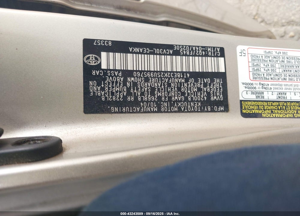 2005 TOYOTA CAMRY LE VIN: 4T1BE32K25U995760