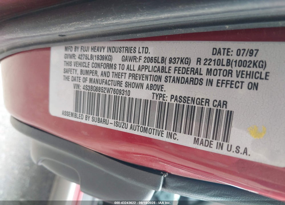 1998 SUBARU LEGACY OUTBACK/OUTBACK LIMITED/OUTBACK SPORT VIN: 4S3BG6852W7609310