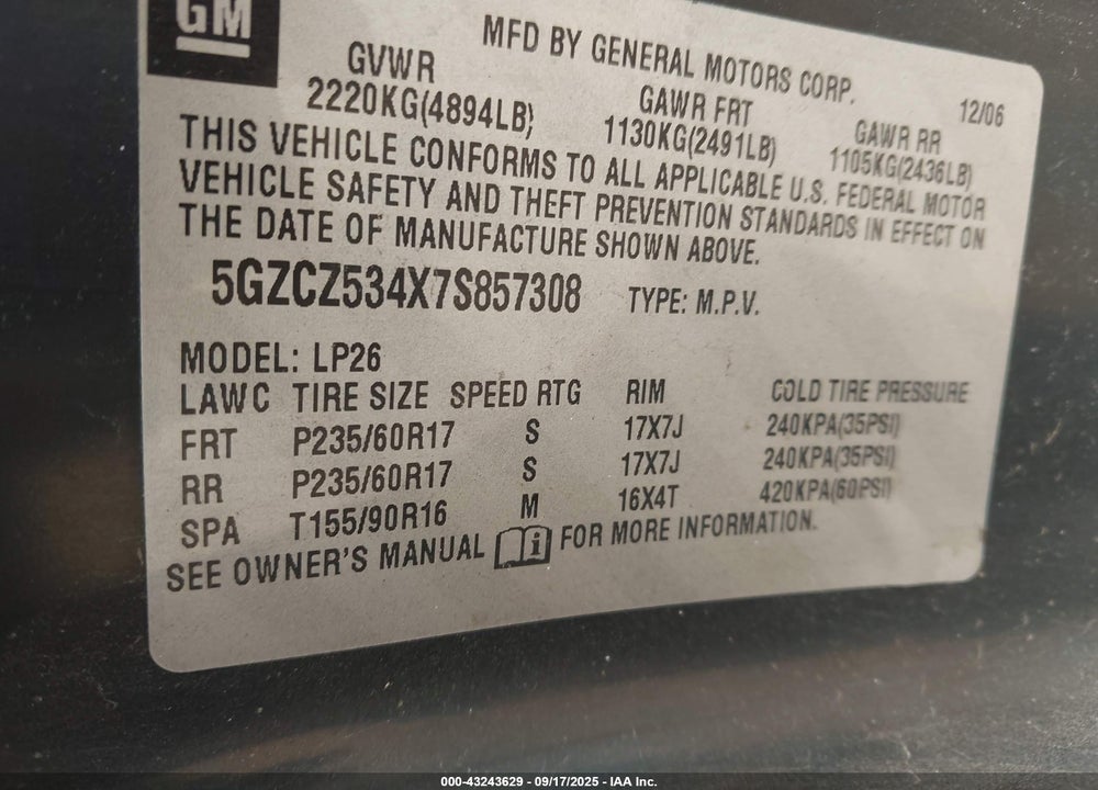 2007 SATURN VUE V6 VIN: 5GZCZ534X7S857308