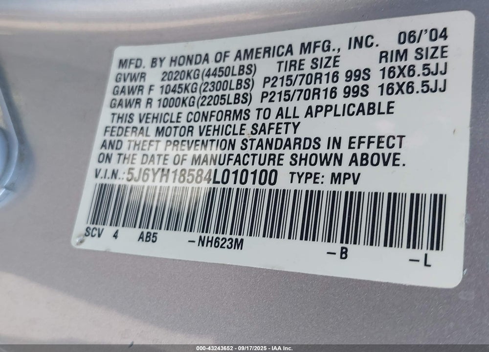 2004 HONDA ELEMENT EX VIN: 5J6YH18584L010100