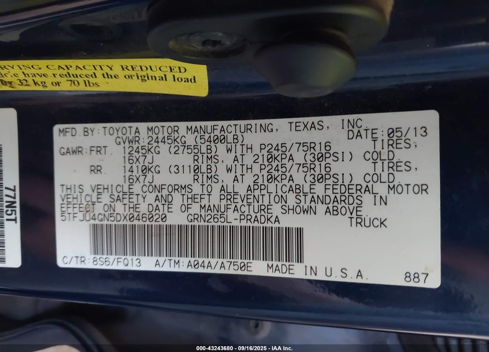 2013 TOYOTA TACOMA VIN: 5TFJU4GN5DX046020