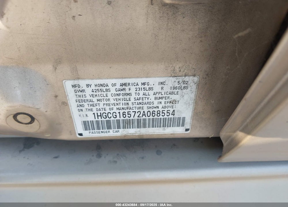 2002 HONDA ACCORD 3.0 EX VIN: 1HGCG16572A068554