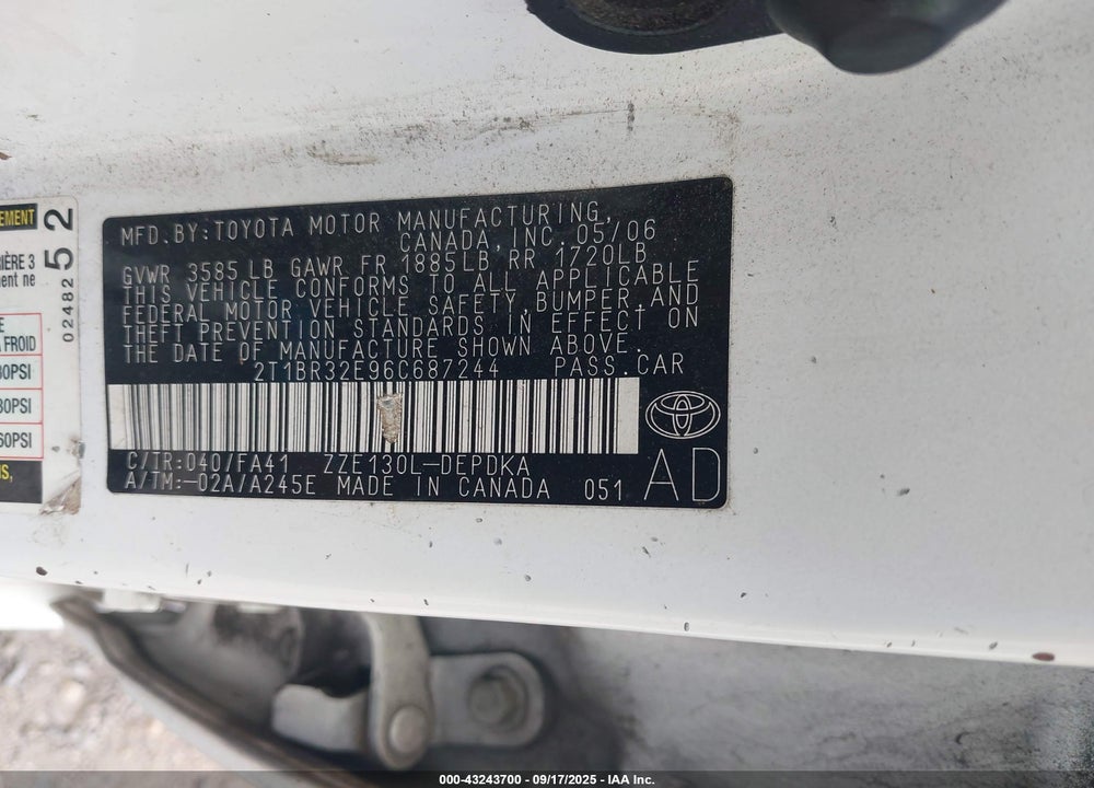 2006 TOYOTA COROLLA VIN: 2T1BR32E96C687244