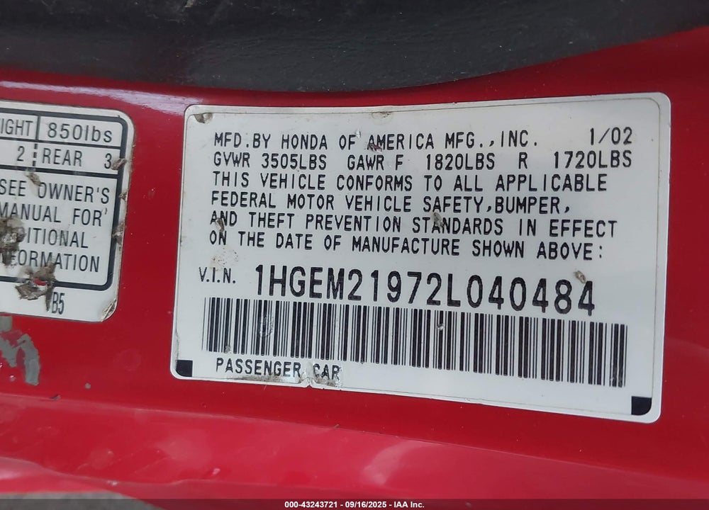 2002 HONDA CIVIC EX VIN: 1HGEM21972L040484
