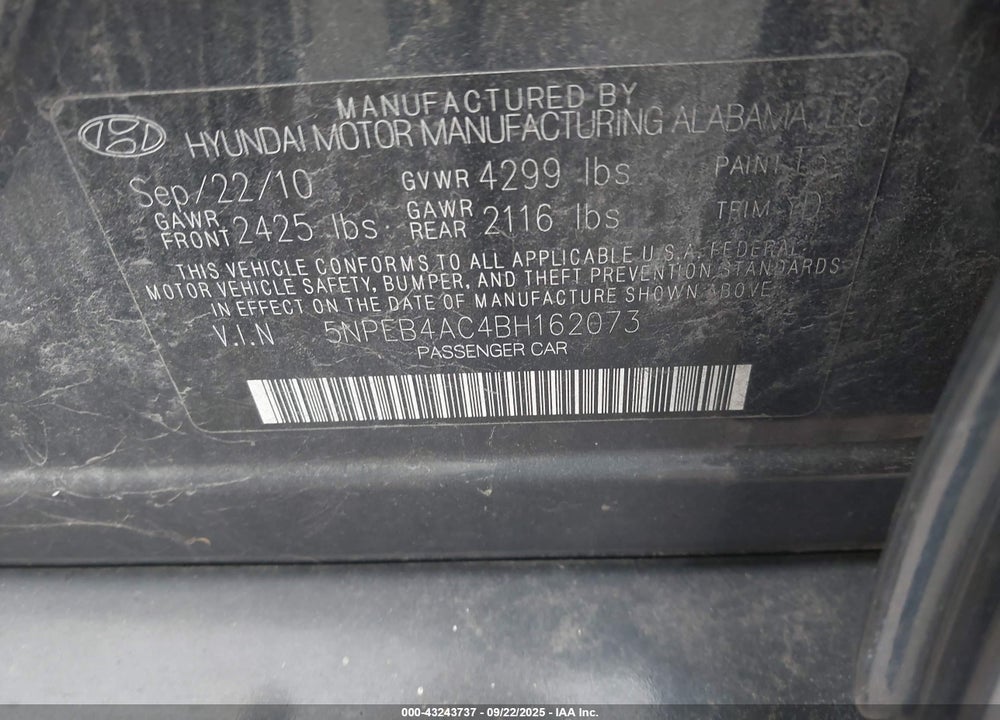 2011 HYUNDAI SONATA VIN: 5NPEB4AC4BH162073