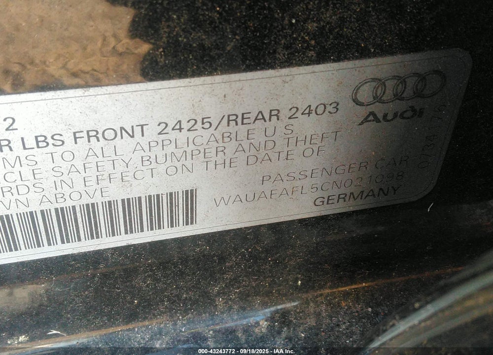 2012 AUDI A4 2.0T PREMIUM VIN: WAUAFAFL5CN021098