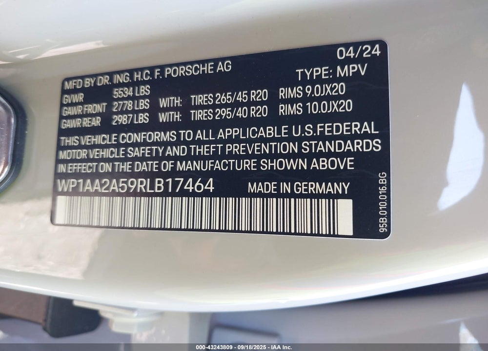 2024 PORSCHE MACAN T VIN: WP1AA2A59RLB17464