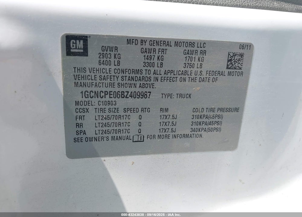 2011 CHEVROLET SILVERADO 1500 WORK TRUCK VIN: 1GCNCPE06BZ409987