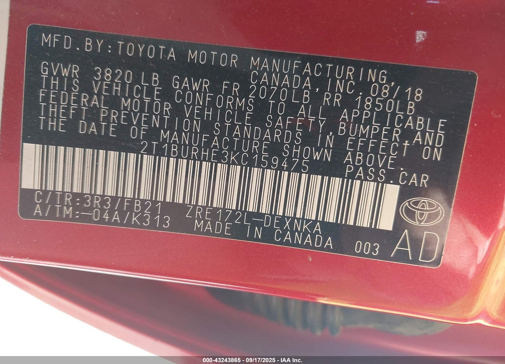 2019 TOYOTA COROLLA VIN: 2T1BURHE3KC159475