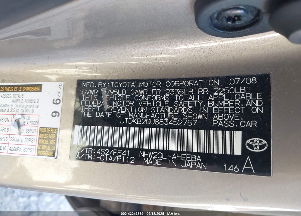 2008 TOYOTA PRIUS TOURING VIN: JTDKB20U883452757