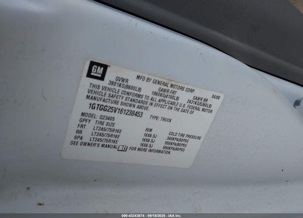 2006 GMC SAVANA WORK VAN VIN: 1GTGG25V161238453