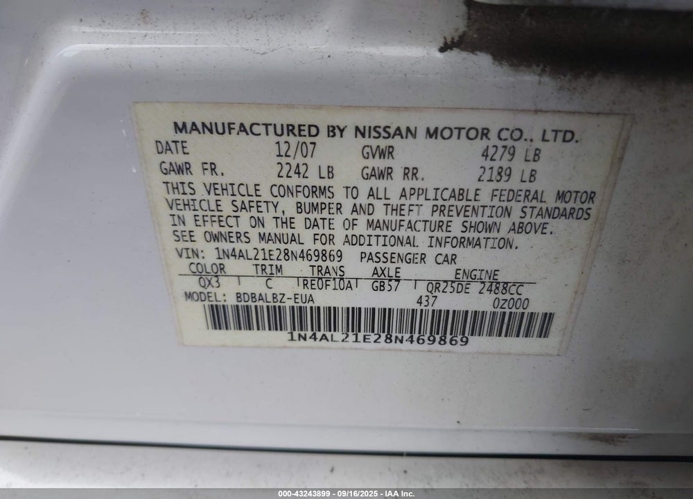 2008 NISSAN ALTIMA 2.5 S VIN: 1N4AL21E28N469869