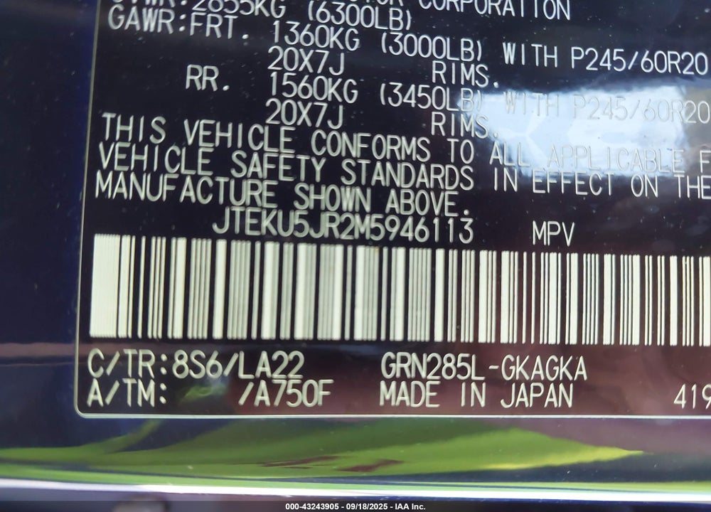 2021 TOYOTA 4RUNNER VIN: JTEKU5JR2M5946113