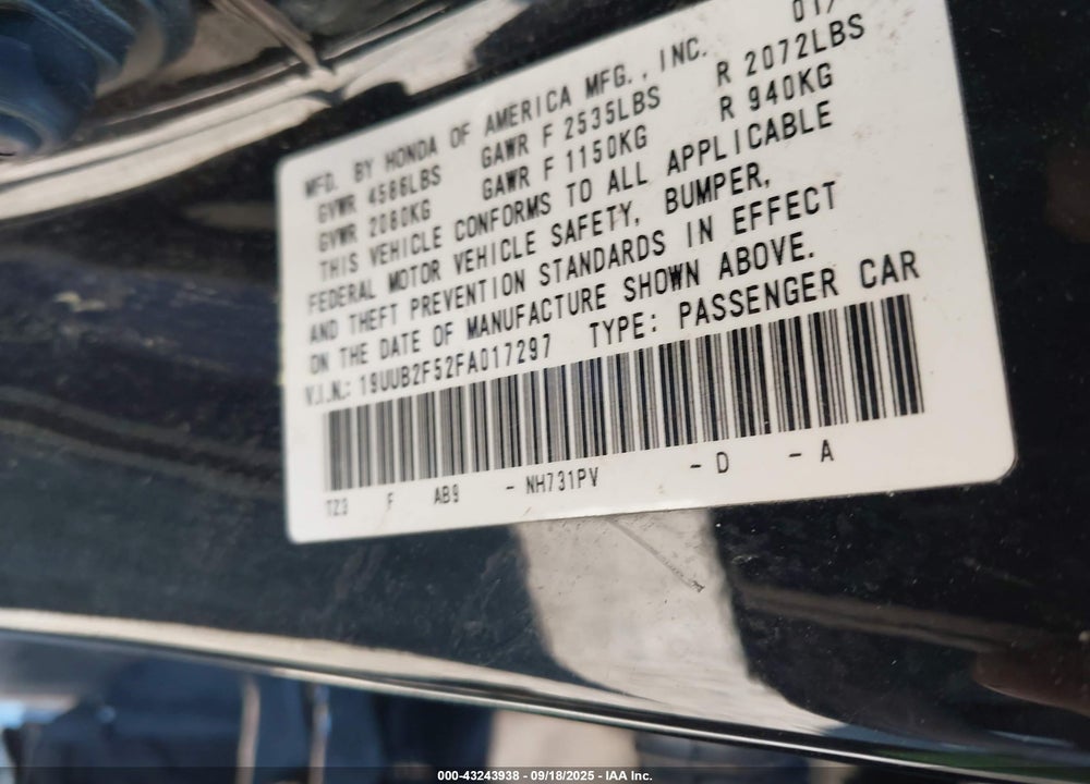 2015 ACURA TLX VIN: 19UUB2F52FA017297