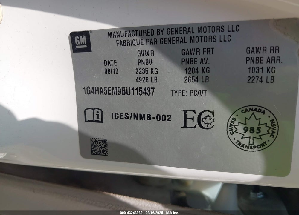 2011 BUICK LUCERNE VIN: 1G4HA5EM9BU115437