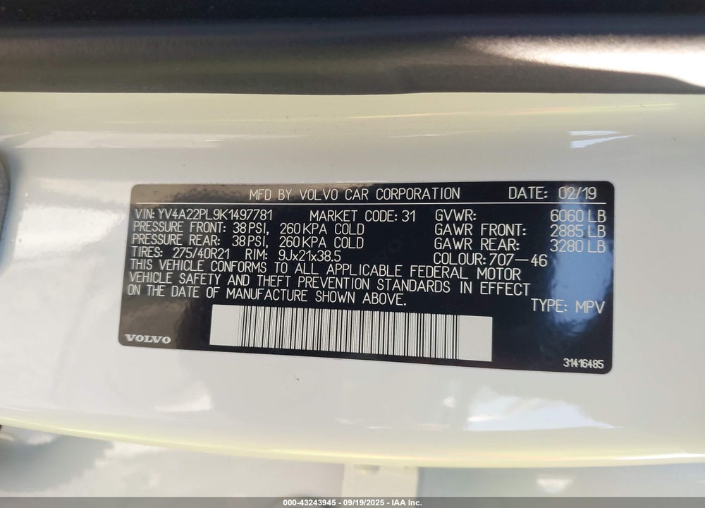 2019 VOLVO XC90 VIN: YV4A22PL9K1497781