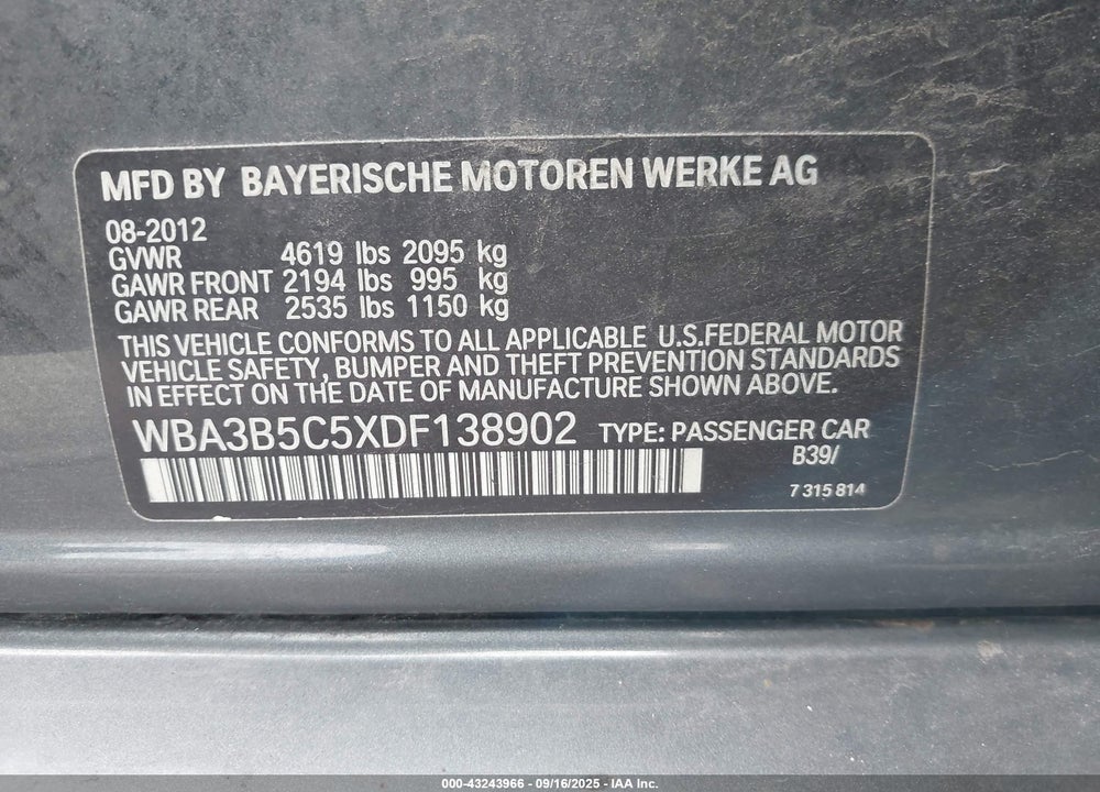 2013 BMW 3 SERIES VIN: WBA3B5C5XDF138902