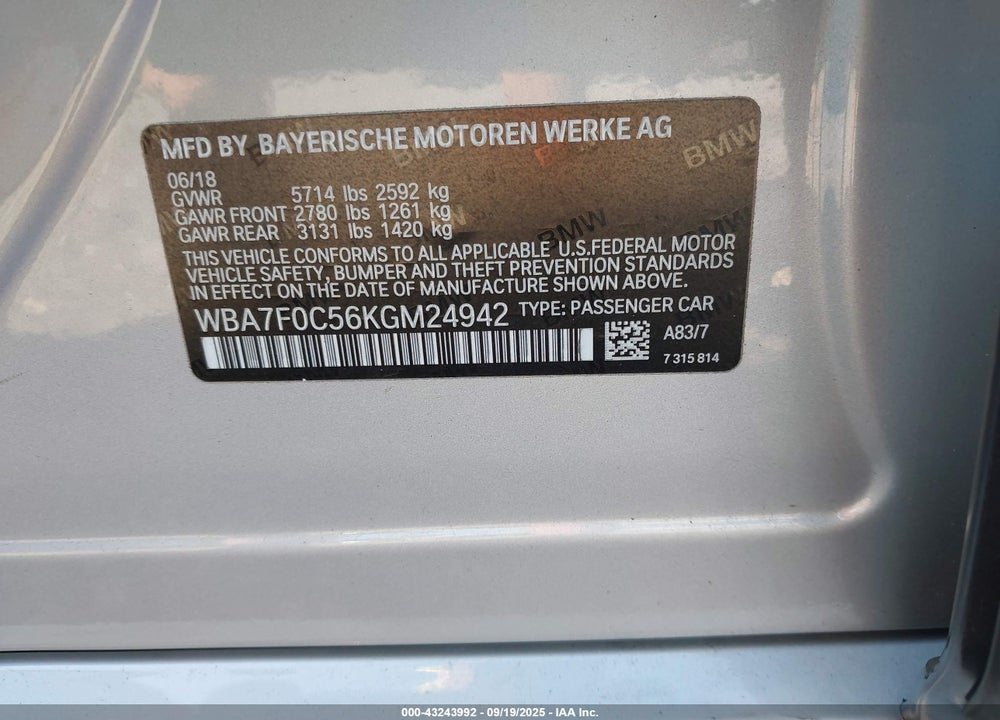 2019 BMW 7 SERIES VIN: WBA7F0C56KGM24942