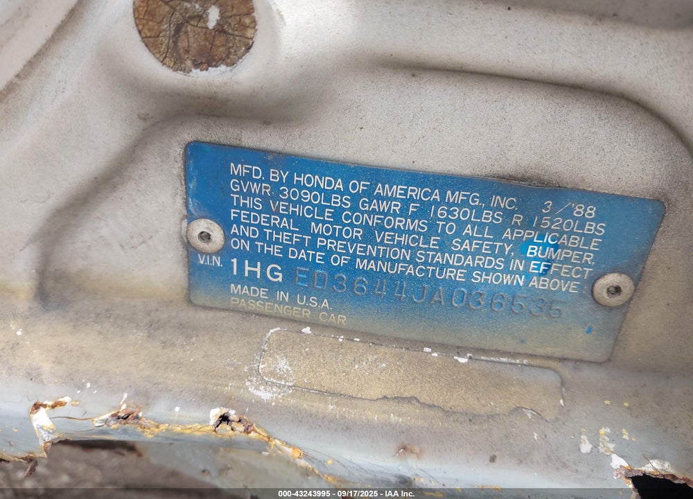 1988 HONDA CIVIC DX VIN: 1HGED3644JA036535