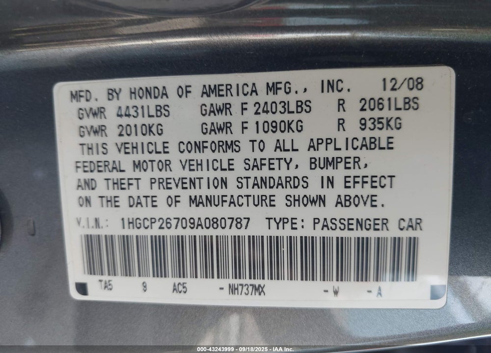 2009 HONDA ACCORD VIN: 1HGCP26709A080787