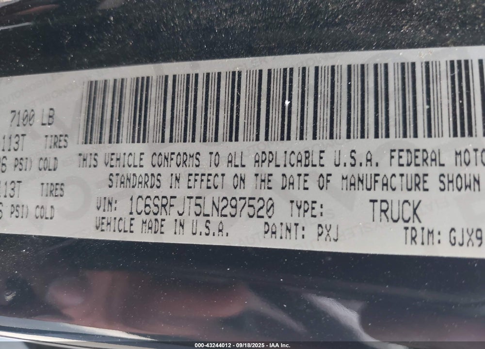 2020 RAM 1500 VIN: 1C6SRFJT5LN297520