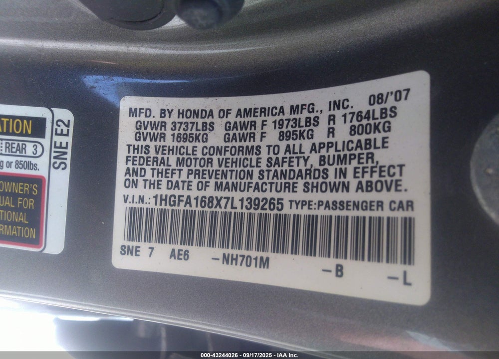 2007 HONDA CIVIC EX VIN: 1HGFA168X7L139265