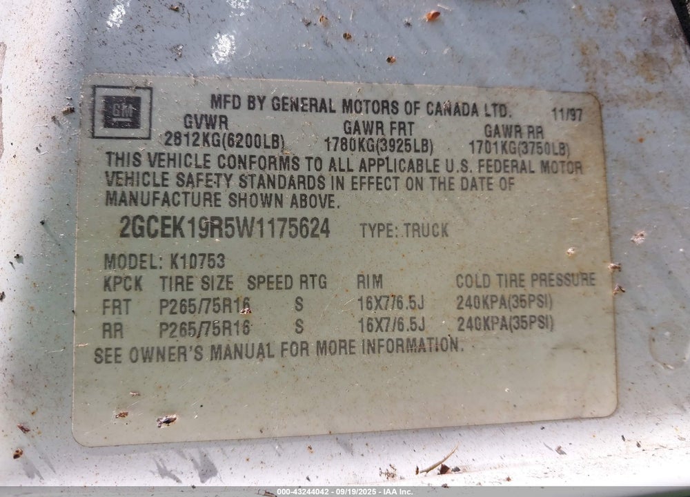 1998 CHEVROLET K1500 FLEETSIDE VIN: 2GCEK19R5W1175624