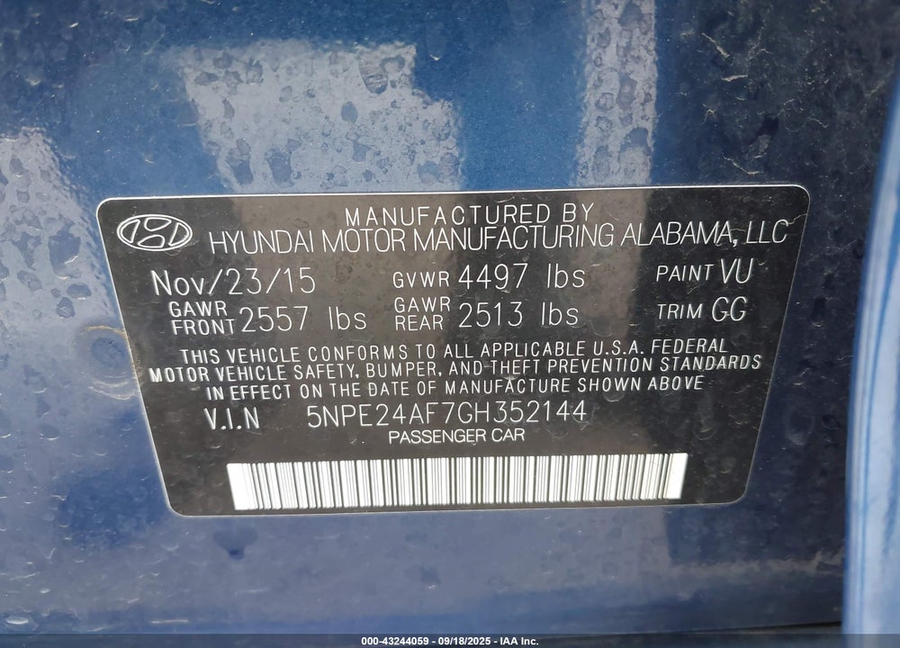 2016 HYUNDAI SONATA SE VIN: 5NPE24AF7GH352144