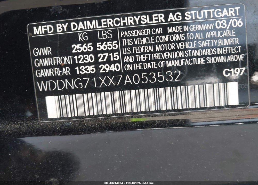 2007 MERCEDES-BENZ S CLASS VIN: WDDNG71XX7A053532