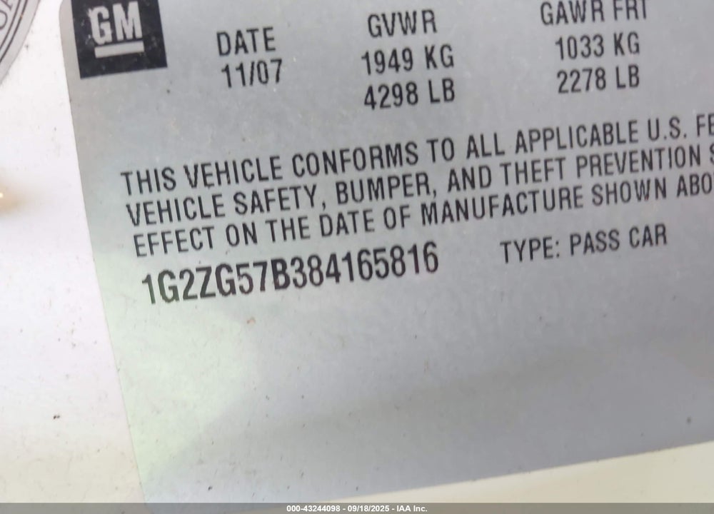 2008 PONTIAC G6 VIN: 1G2ZG57B384165816