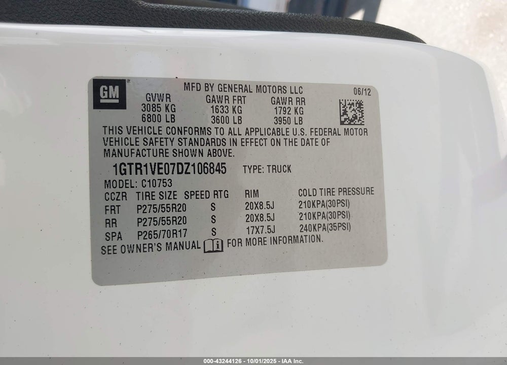 2013 GMC SIERRA 1500 SLE VIN: 1GTR1VE07DZ106845