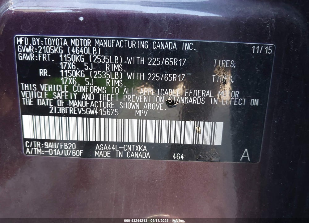 2016 TOYOTA RAV4 LE VIN: 2T3BFREV5GW415675