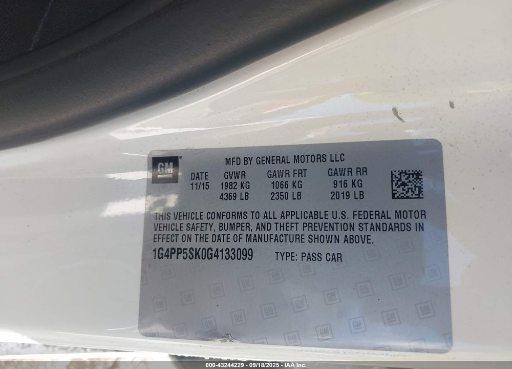 2016 BUICK VERANO VIN: 1G4PP5SK0G4133099