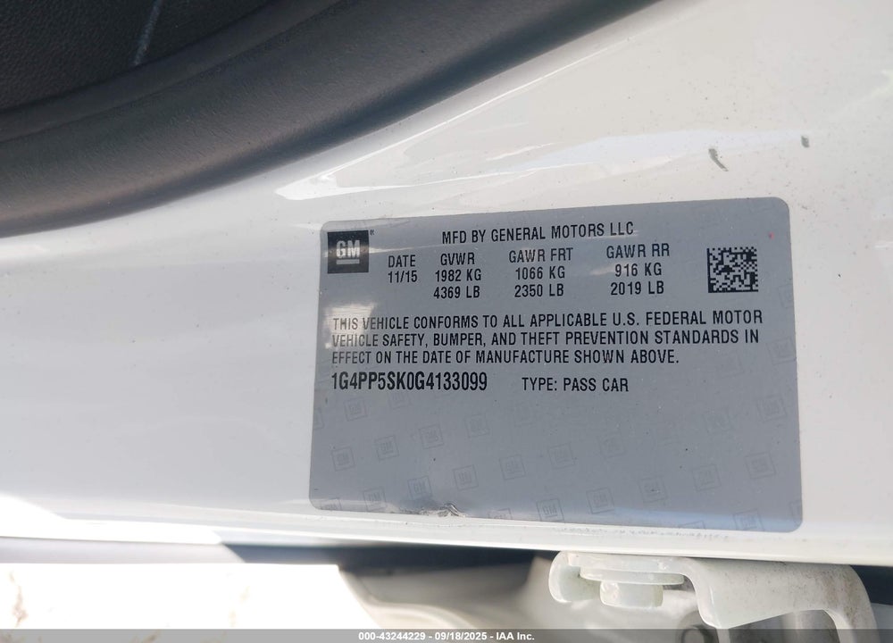 2016 BUICK VERANO VIN: 1G4PP5SK0G4133099