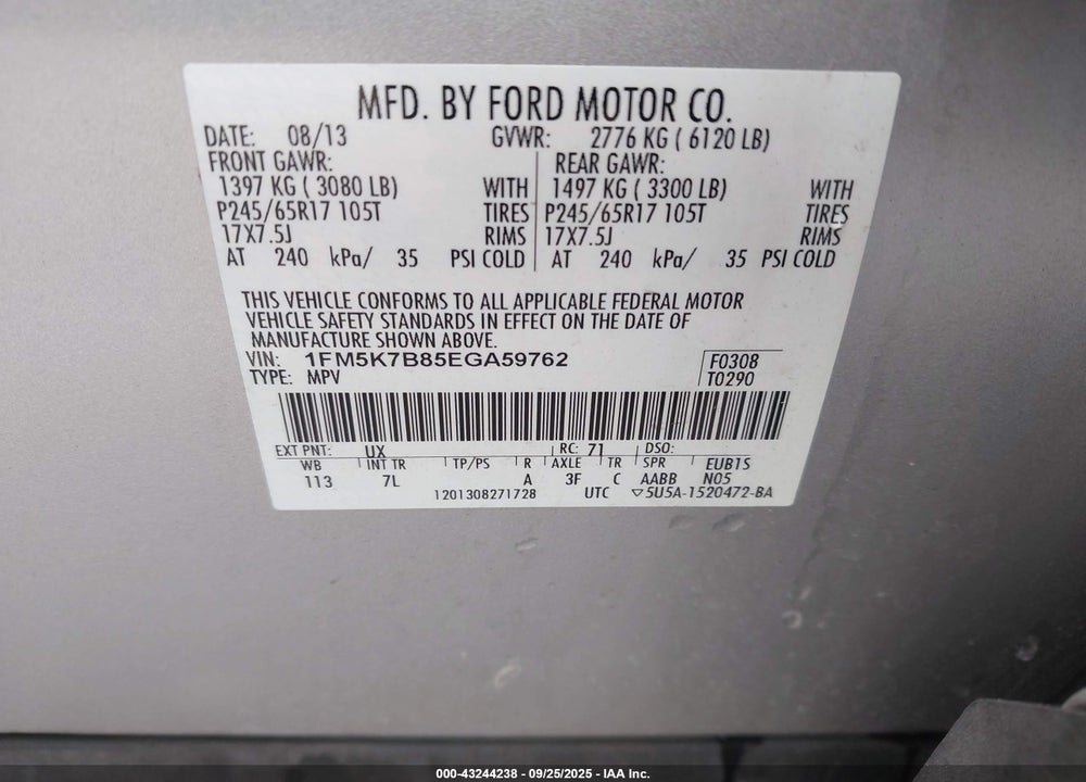 2014 FORD EXPLORER VIN: 1FM5K7B85EGA59762