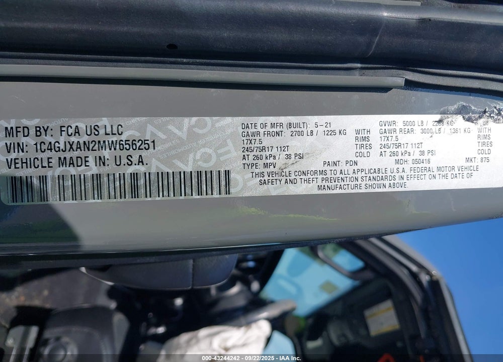 2021 JEEP WRANGLER / VIN: 1C4GJXAN2MW656251