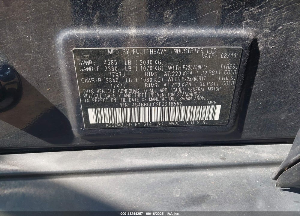 2014 SUBARU OUTBACK VIN: 4S4BRCLC2E3218562