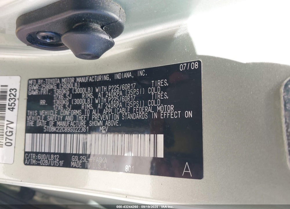 2009 TOYOTA SIENNA LIMITED VIN: 5TDBK22C89S022361