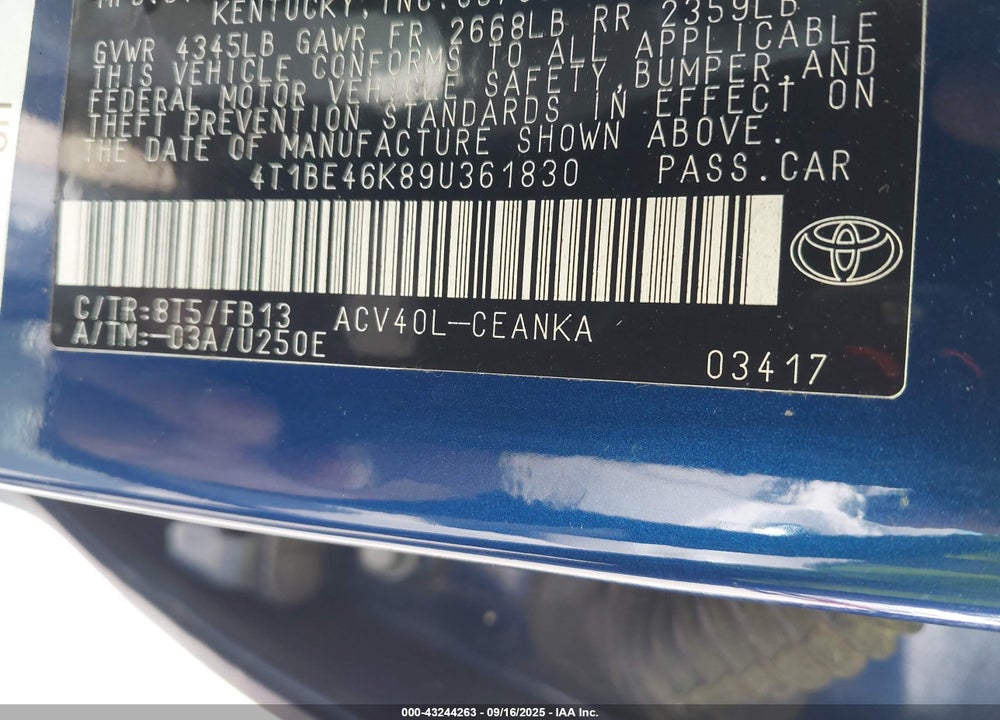 2009 TOYOTA CAMRY VIN: 4T1BE46K89U361830