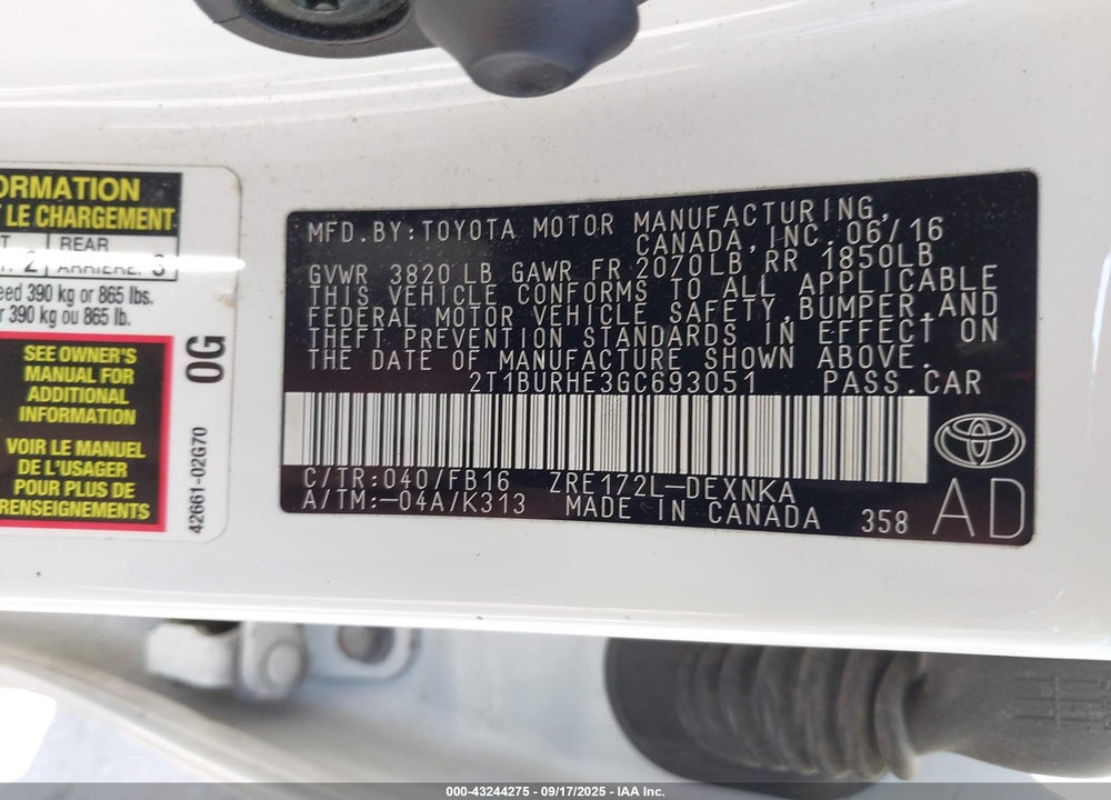 2016 TOYOTA COROLLA VIN: 2T1BURHE3GC693051