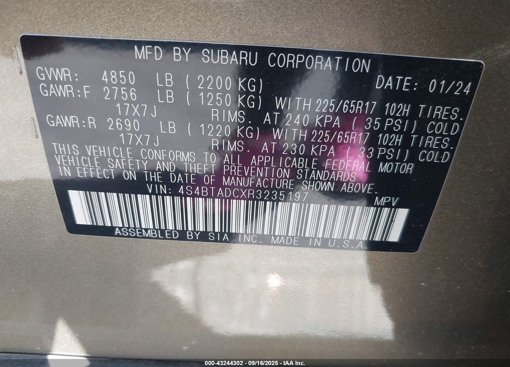 2024 SUBARU OUTBACK VIN: 4S4BTADCXR3235197