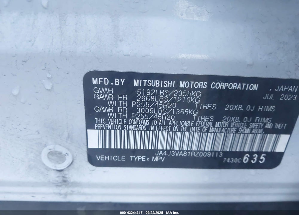2024 MITSUBISHI OUTLANDER VIN: JA4J3VA81RZ009113