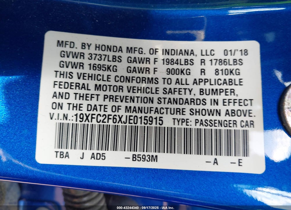 2018 HONDA CIVIC VIN: 19XFC2F6XJE015915