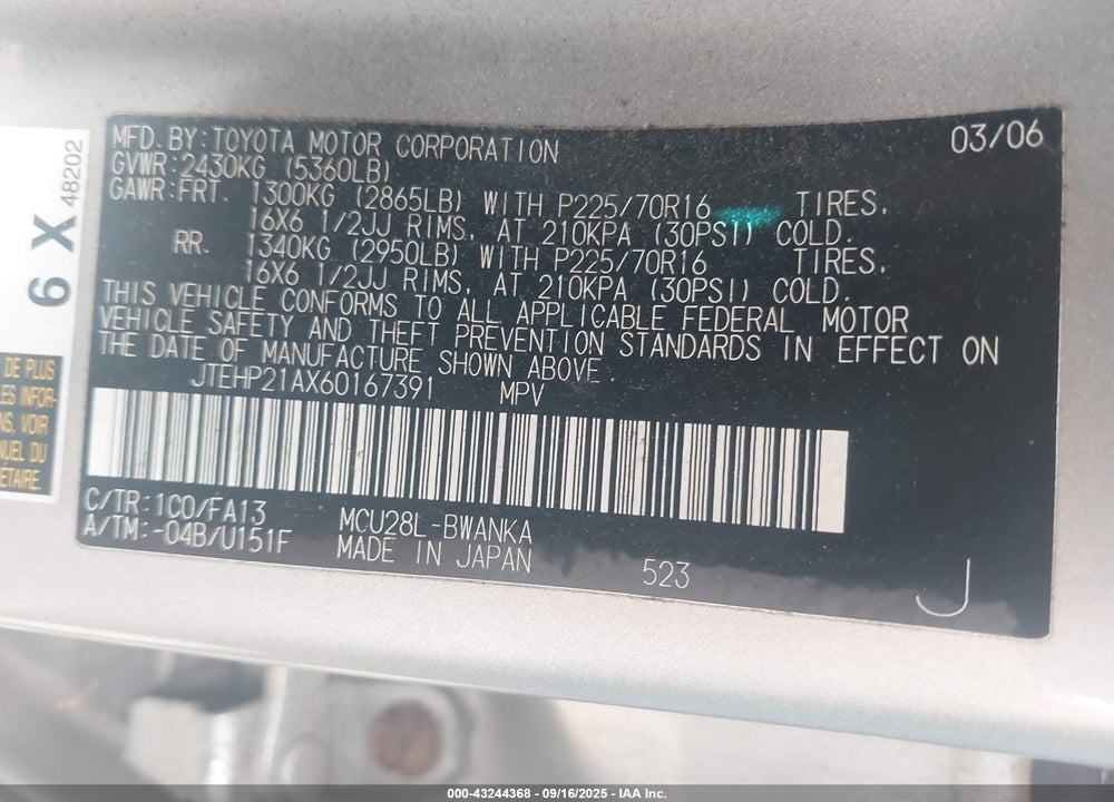 2006 TOYOTA HIGHLANDER V6 VIN: JTEHP21AX60167391