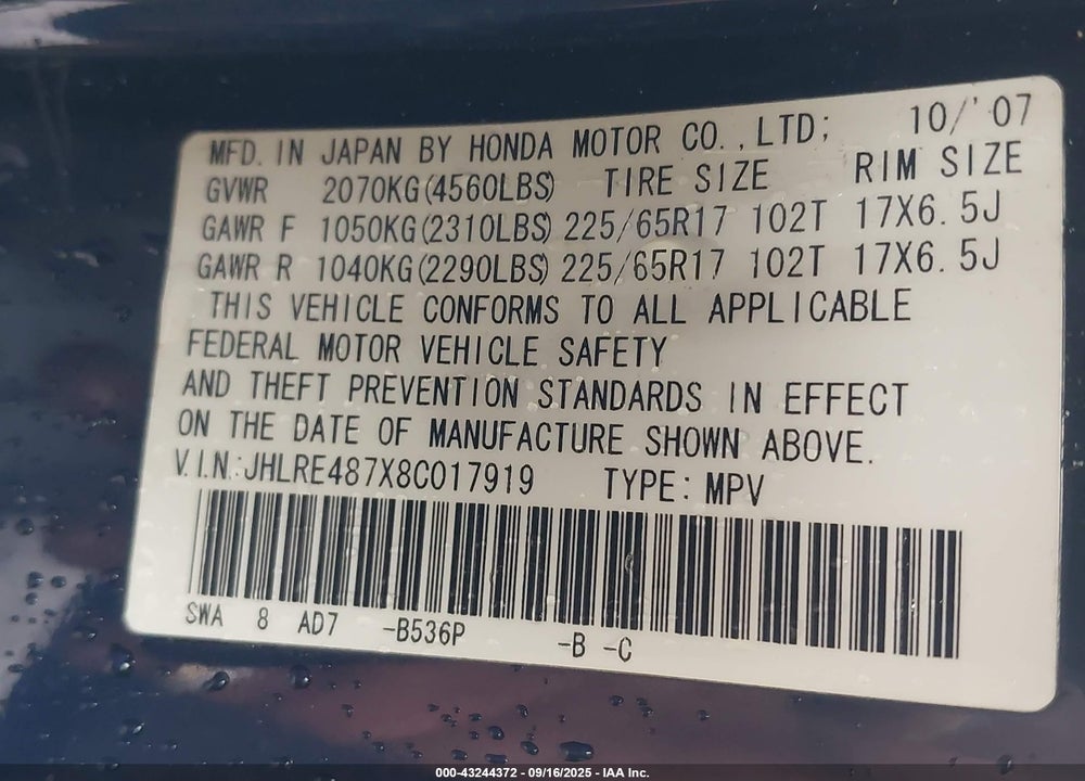 2008 HONDA CR-V EX-L VIN: JHLRE487X8C017919