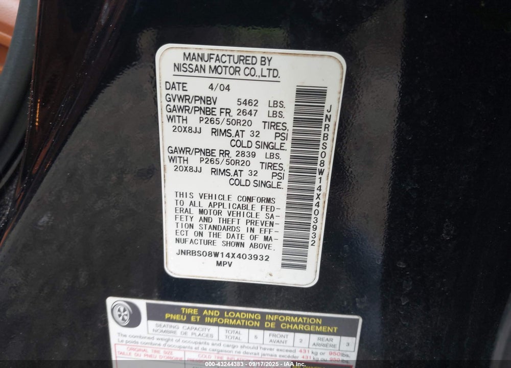 2004 INFINITI FX45 VIN: JNRBS08W14X403932