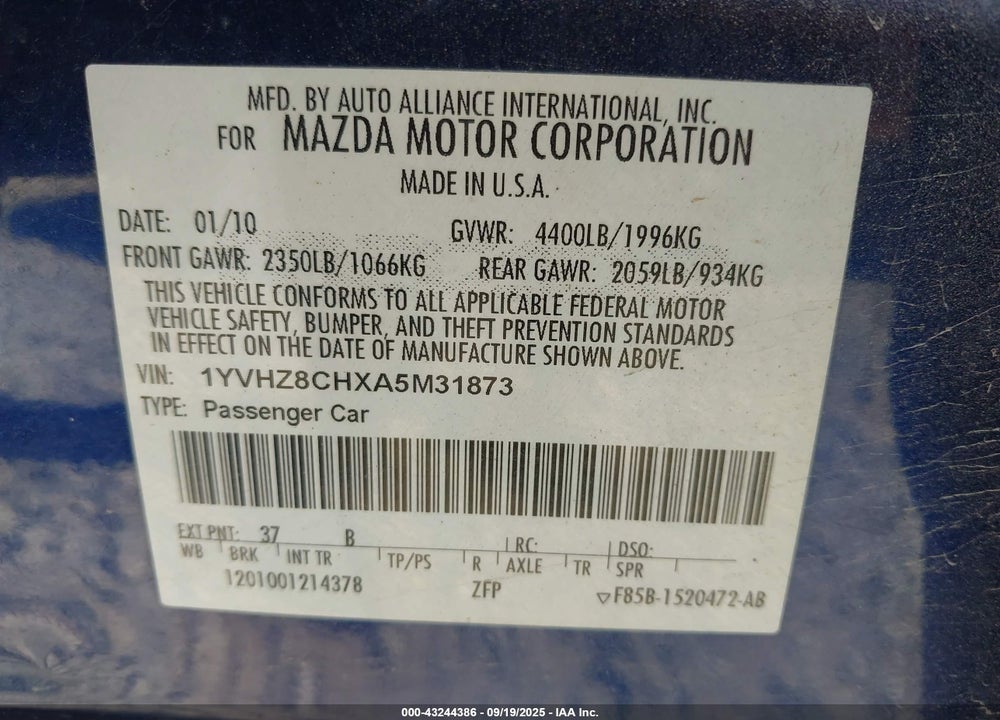2010 MAZDA 6 VIN: 1YVHZ8CHXA5M31873